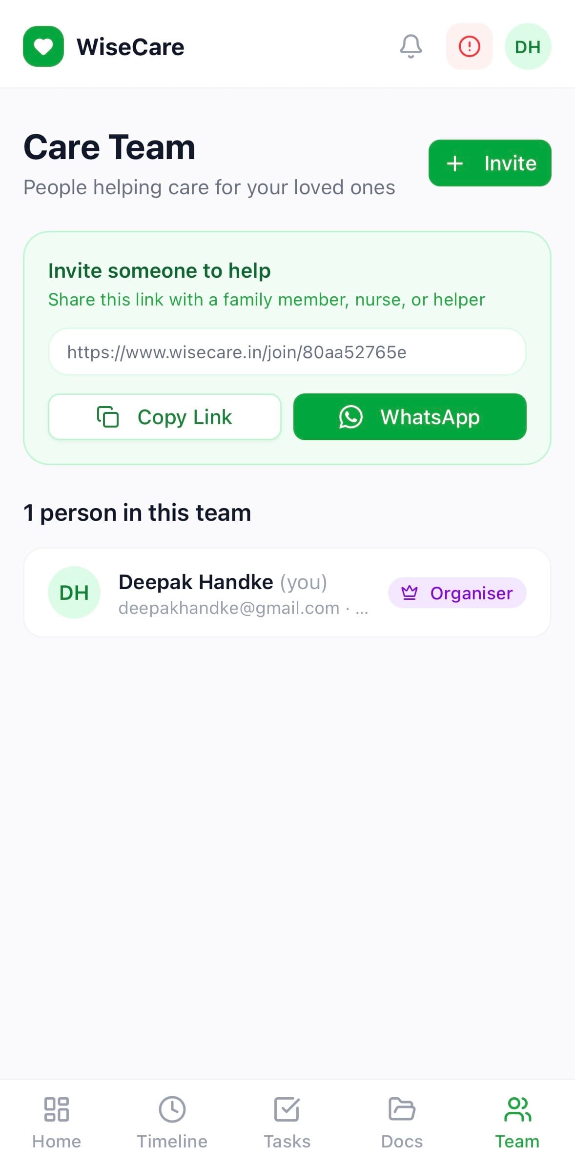WiseCare Care Team screen showing invite link with WhatsApp sharing and team members